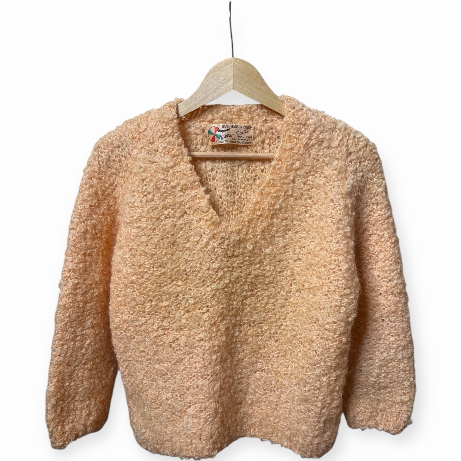 Vintage 60’s Tam Italia Handmade Mohair Wool Sweater Italy Boucle Fuzzy V Neck