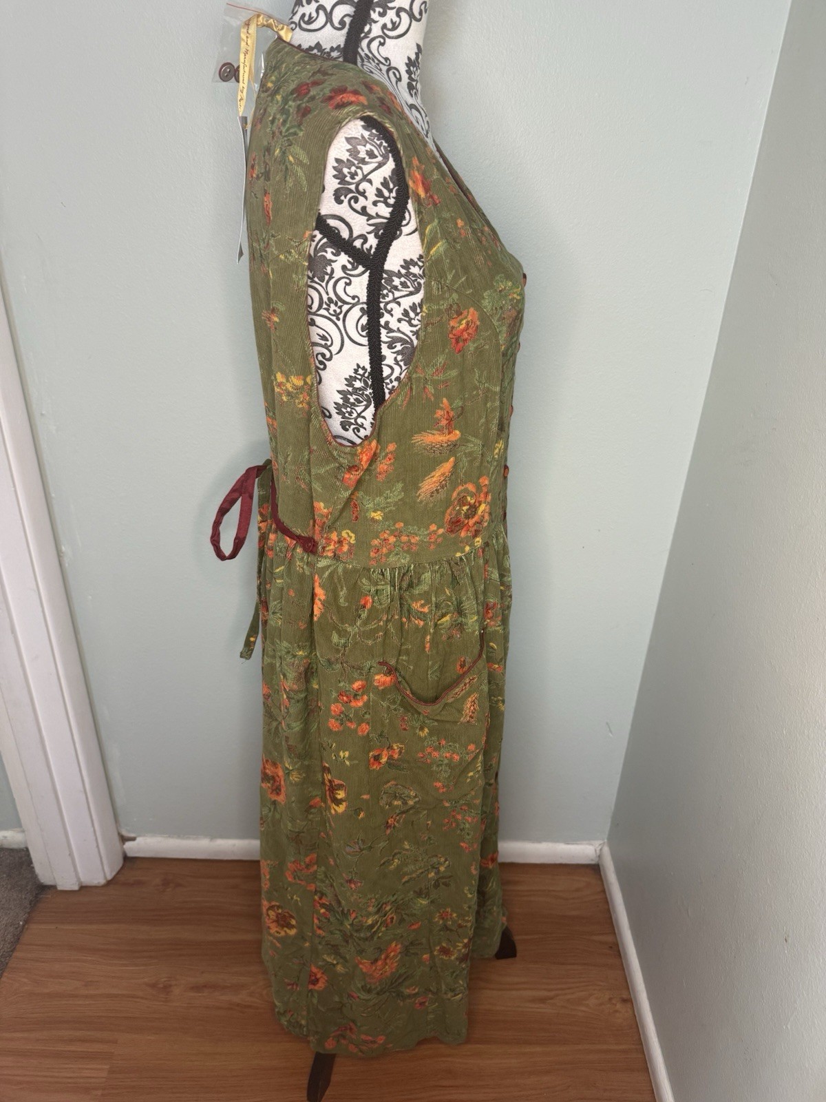 April Cornell Vintage Green Corduroy Dress XXL Sleeveless Button Front Pockets