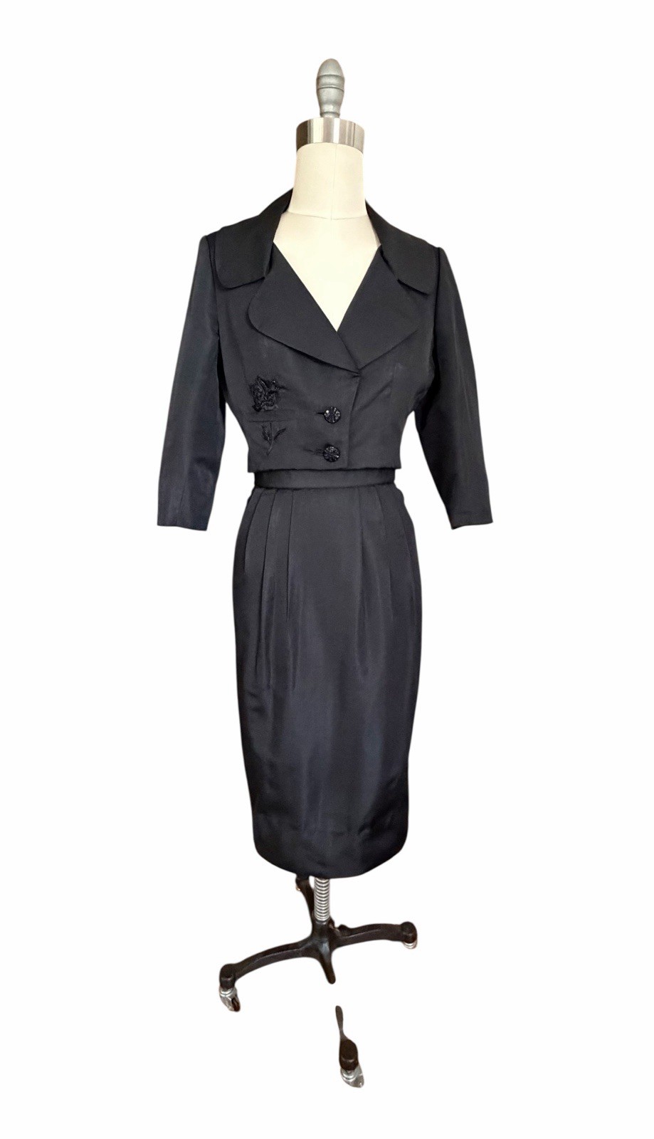 Vintage 1950s Black Tailored Skirt Suit With Cropped Jacket By Helen Rose