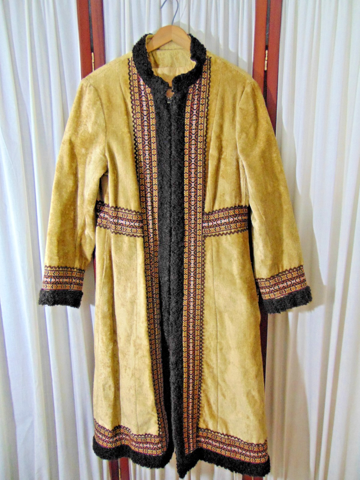 1970s Hippie Long Coat-Forecaster-M-Gold Velour/Faux Fur Trim/Embroidery- SALE