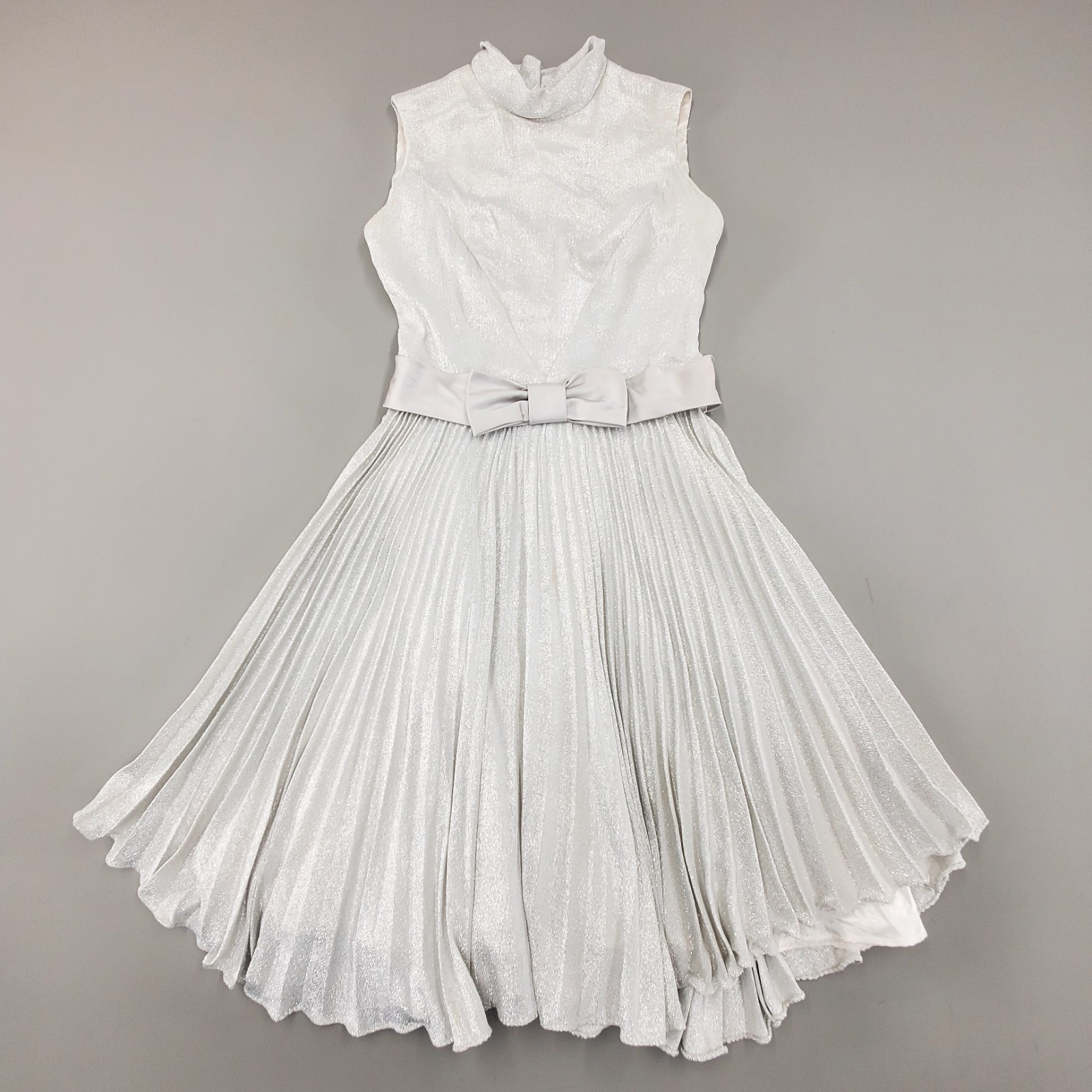 60s Vintage Party Dress Pleated Bow GO GO Mod Silver Lurex Sparkle Mini Retro