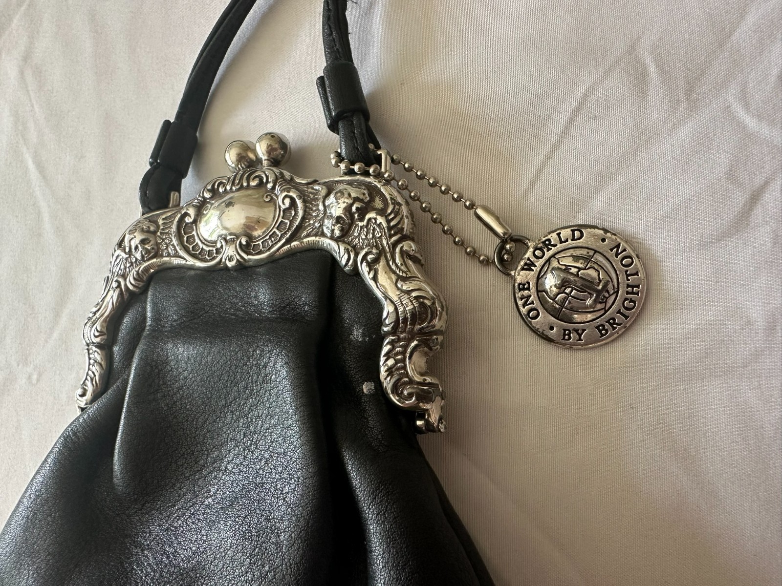 RARE VINTAGE Brighton “One World” Black Leather Stacy Crossbody Purse