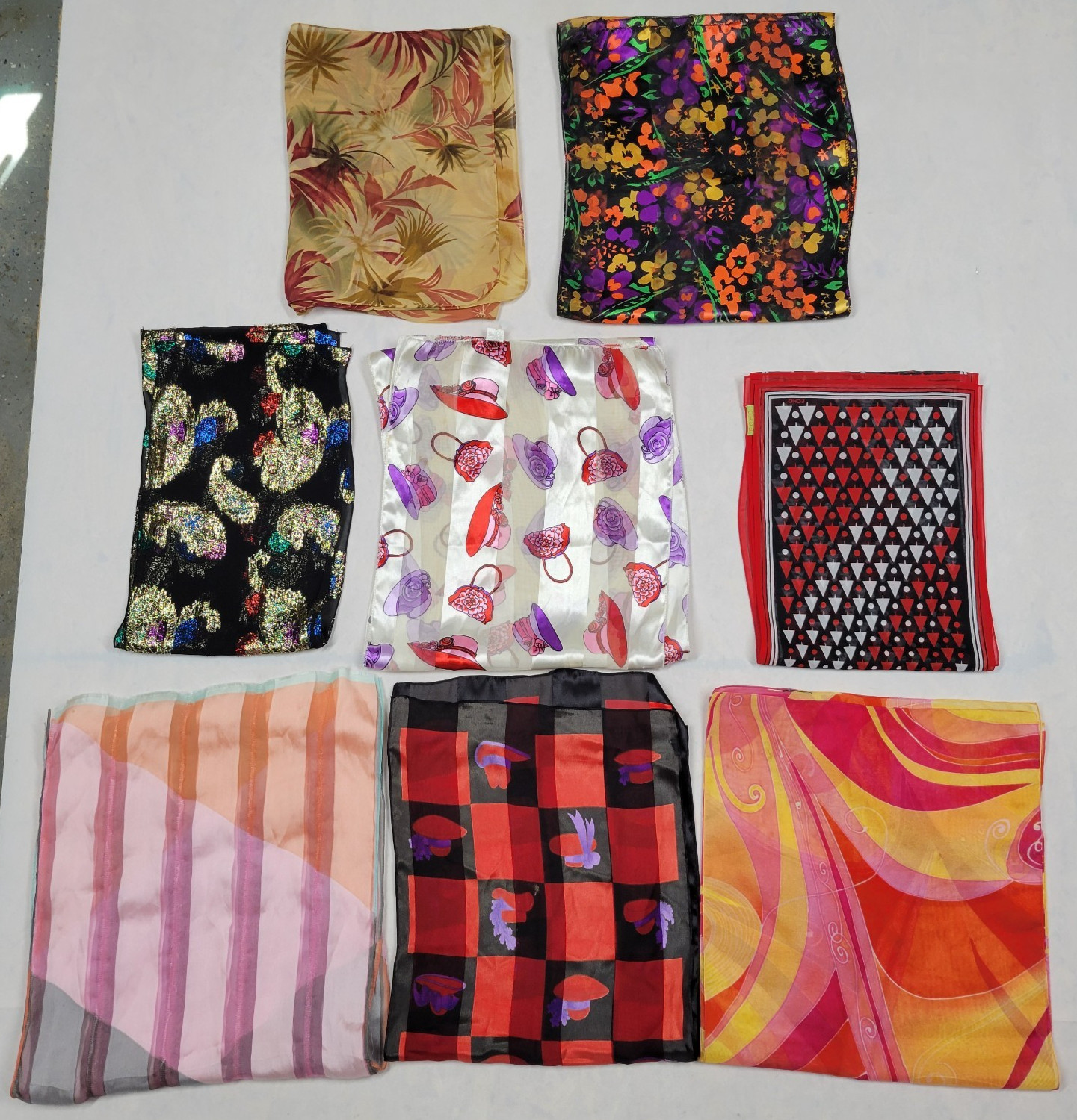 Lot Of 8 Vtg Oblong Scarves Scarf Echo Floral Paisley Red Hat Society Psychedeli