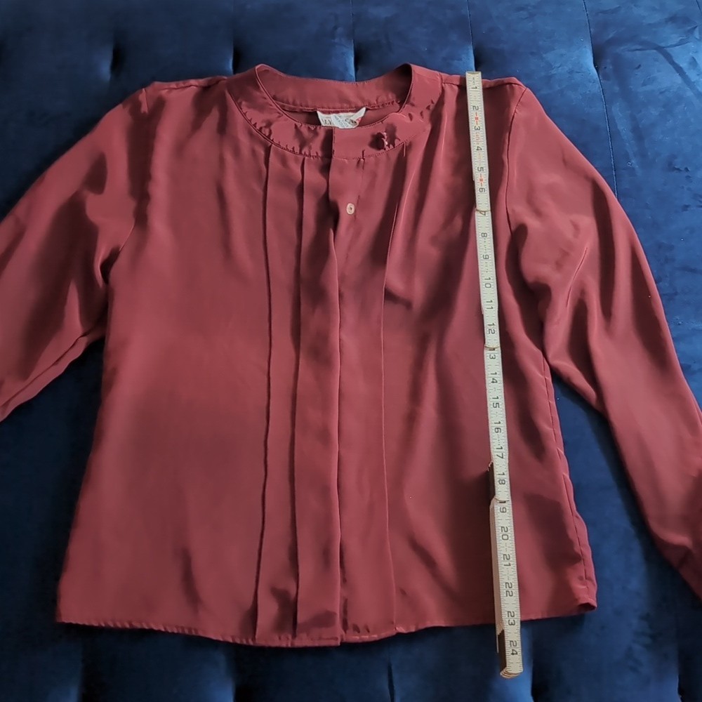 Vintage Satin Hidden Button Oxblood Burgundy Button Down Blouse Size 8