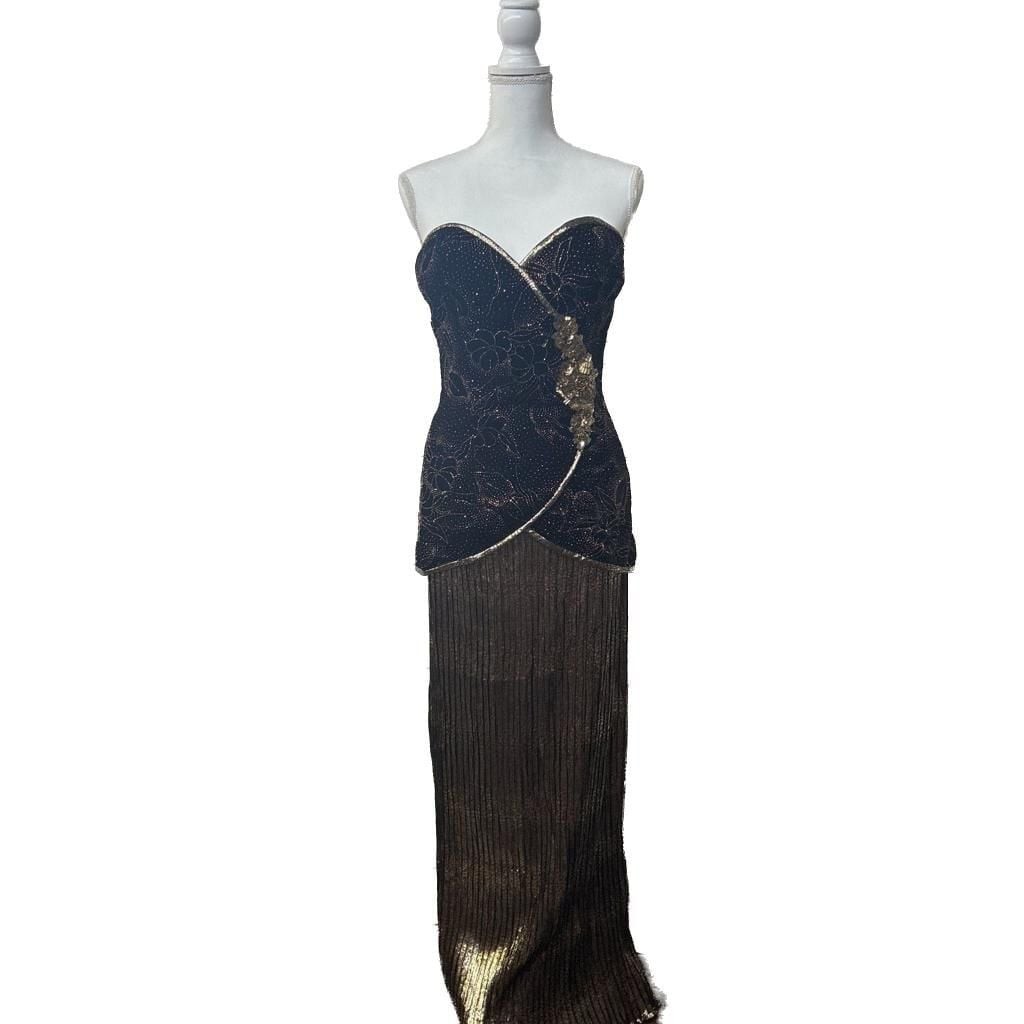 1980sBlack/GoldVelvet Plisse Strapless Beaded A.J. BariVintageluxury oldmoneyGow