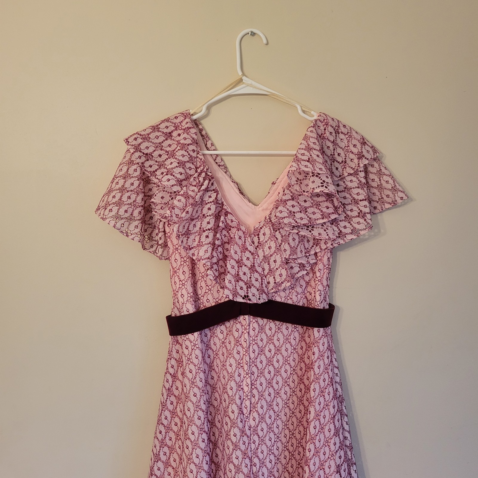 Vtg ILGWU Cottage Core Dress Pink Lace Maxi Ruffle/Layered Cap Sleeve Juniors 11