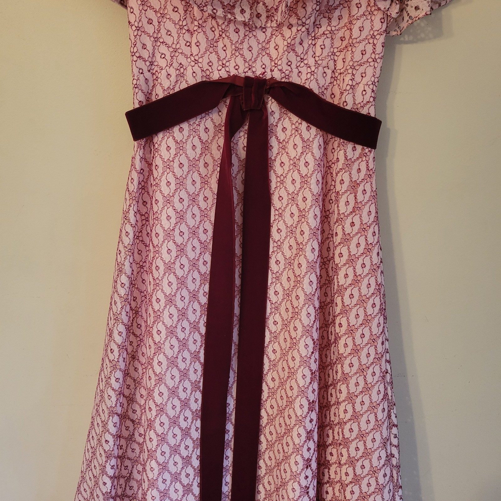 Vtg ILGWU Cottage Core Dress Pink Lace Maxi Ruffle/Layered Cap Sleeve Juniors 11