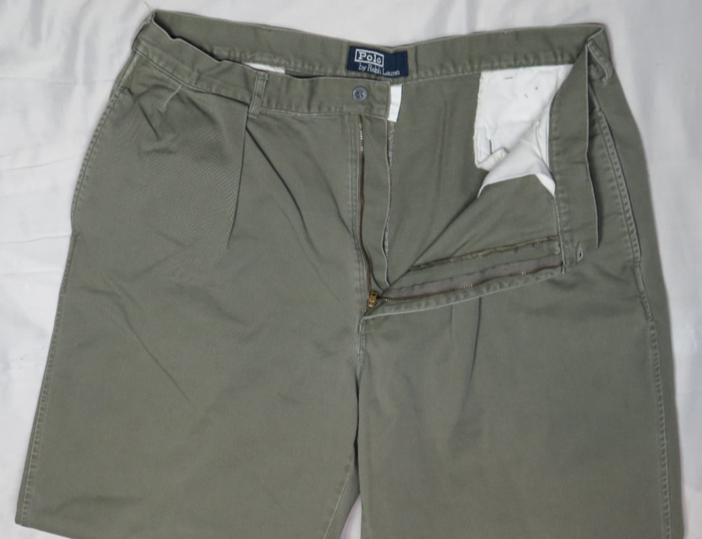 POLO RALPH LAUREN MENS 38X34 (27.5″ hem) OLIVE GREEN CHINO CLASSIC PLEAT VINTAGE