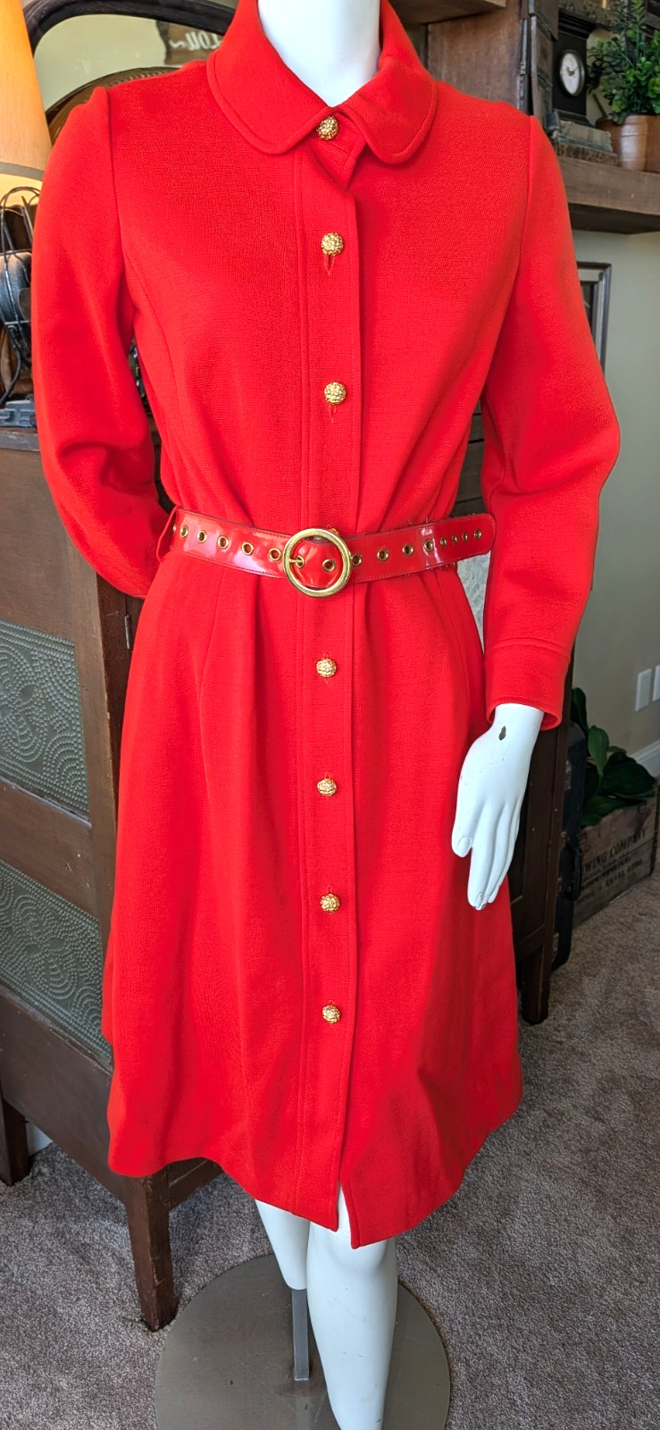 1950s Kimberly 100% Wool Knit Dress red gold button belted 60s longsleeve