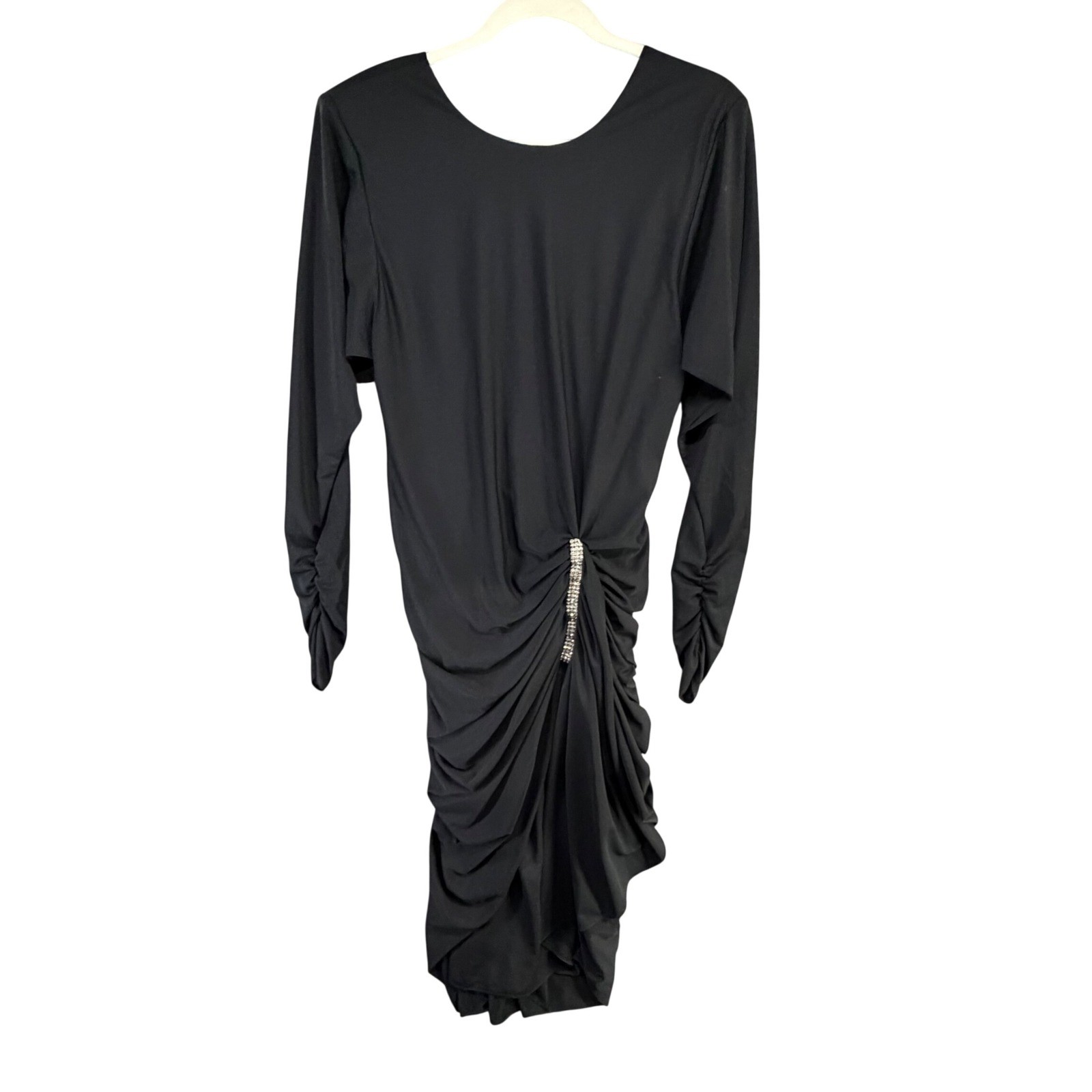 Vintage 80s Siasia New York Cocktail Dress 10 Open Back Ruched Rhinestone Accent