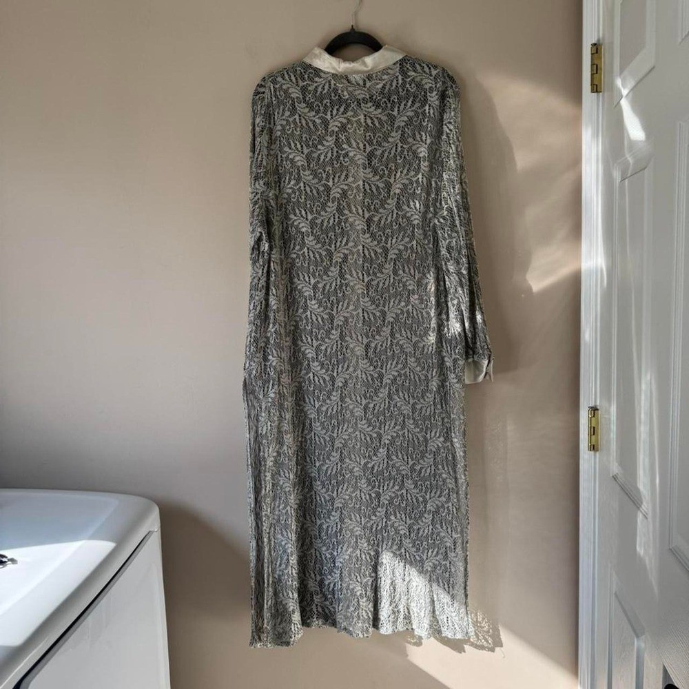 80 / 90s Silver Lace Dress satin collar covered buttons midi maxi long sleeve