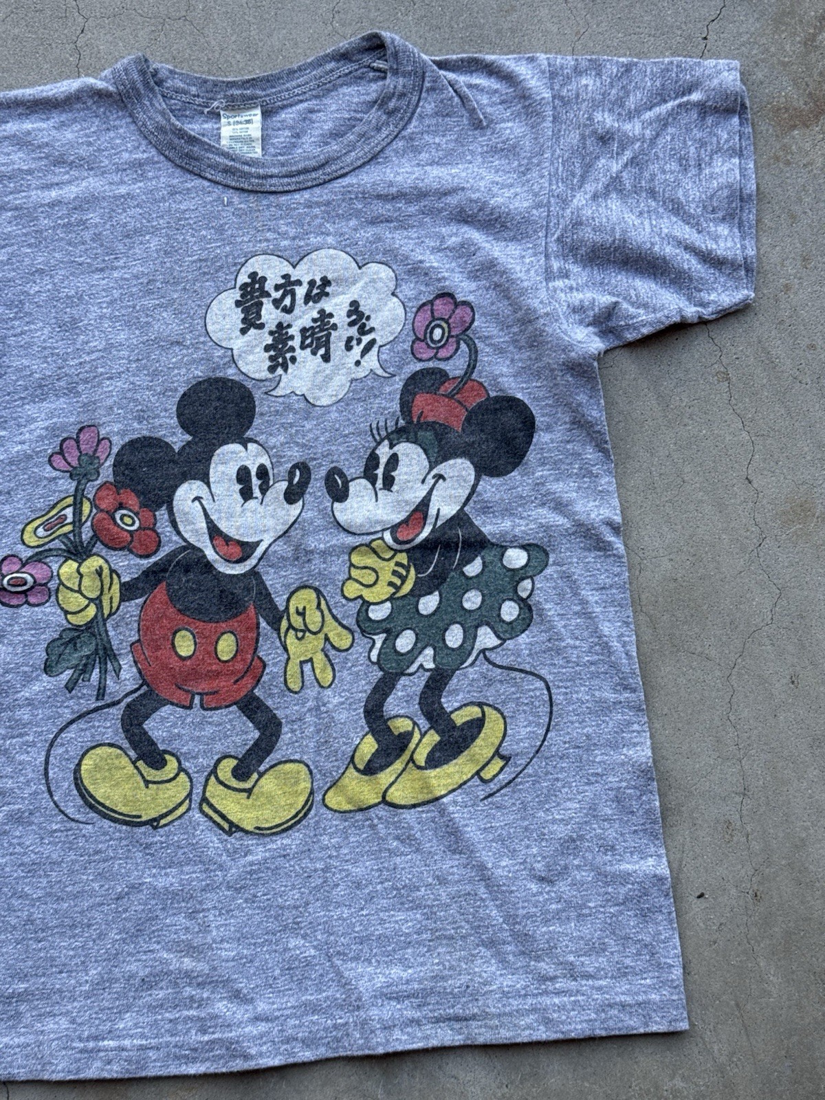 Vintage 70s Disney Mickey Minnie Mouse T Shirt Japanese Flowers Grey Sportswear