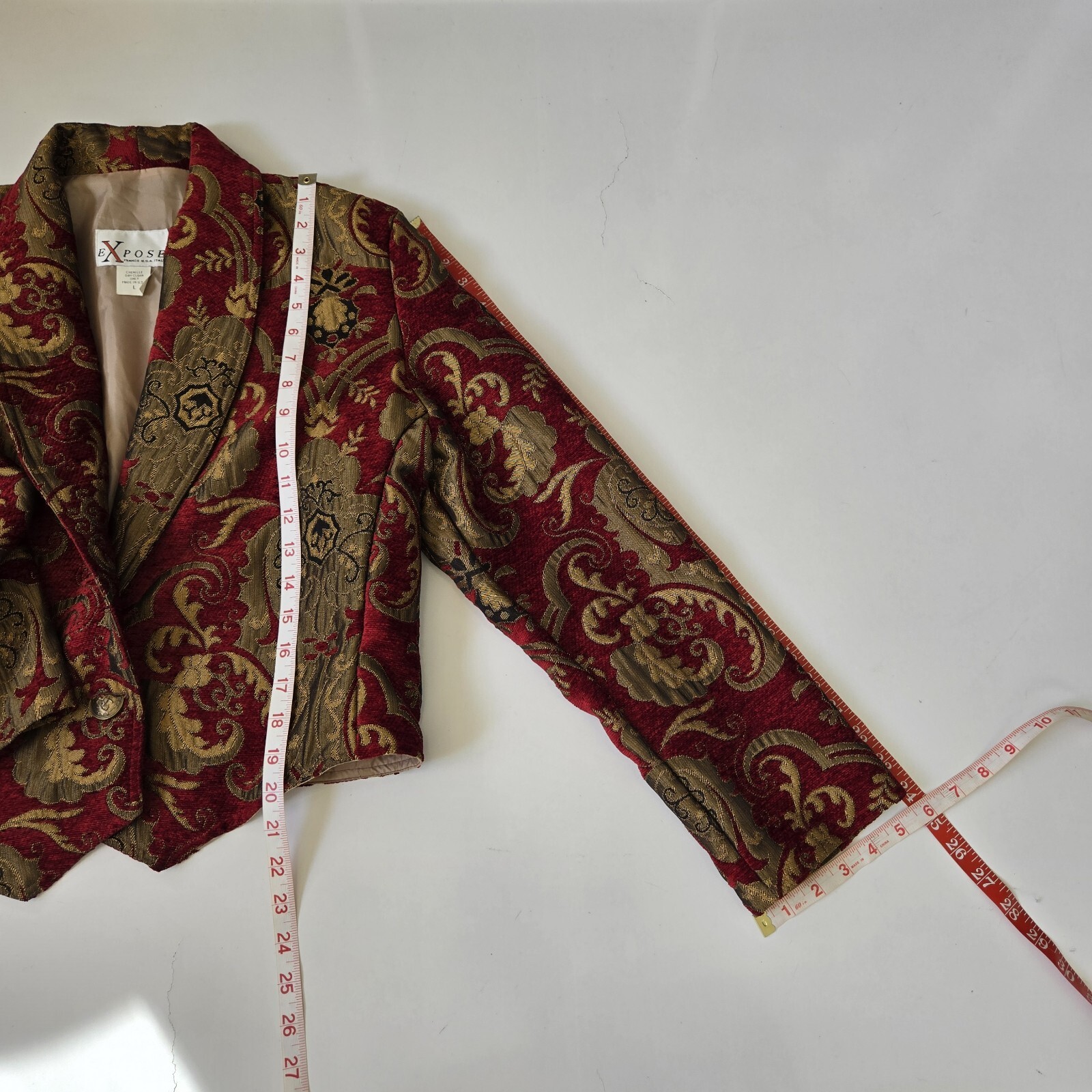 Expose Vintage Chenille Cropped Peaked Lapel Blazer Large Paisley Red Gold Retro