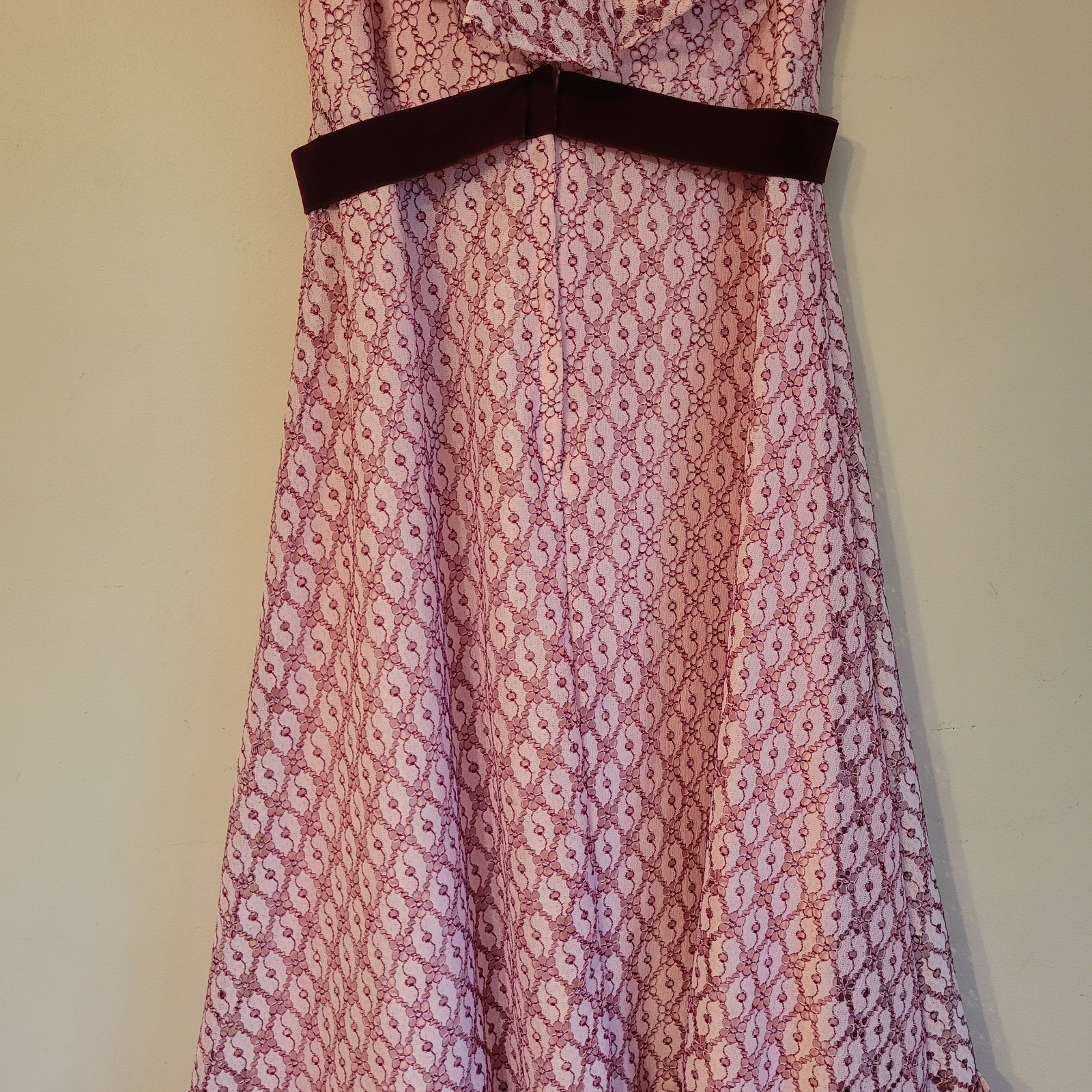 Vtg ILGWU Cottage Core Dress Pink Lace Maxi Ruffle/Layered Cap Sleeve Juniors 11