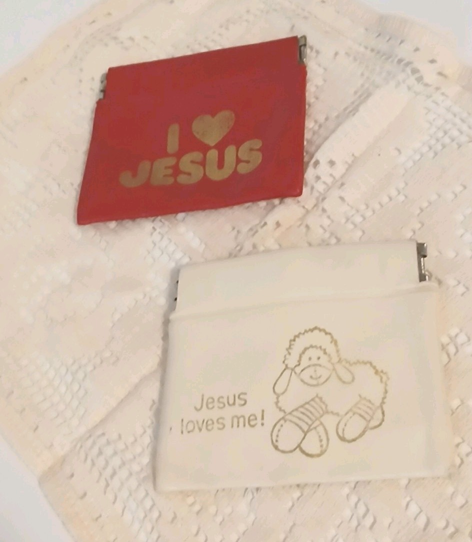 Retro Vtg Vinyl Squeeze Spring-Top Religious Novelty Coin Purse Set Of 2 His/Her