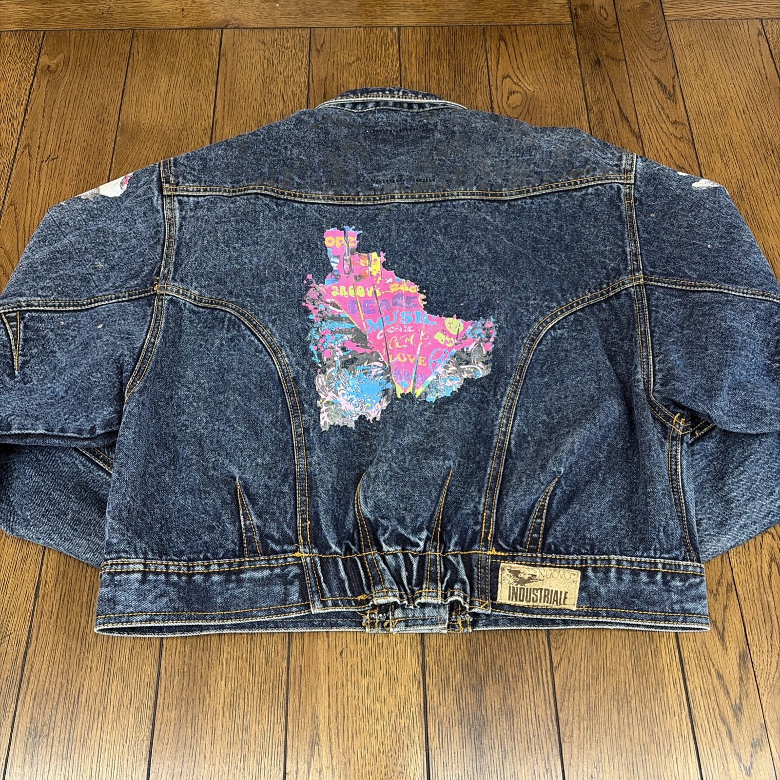 VTG 80s 90s Denim Jacket Nuovo Industriale Sz L WORN THRASHED Glitter Graffiti