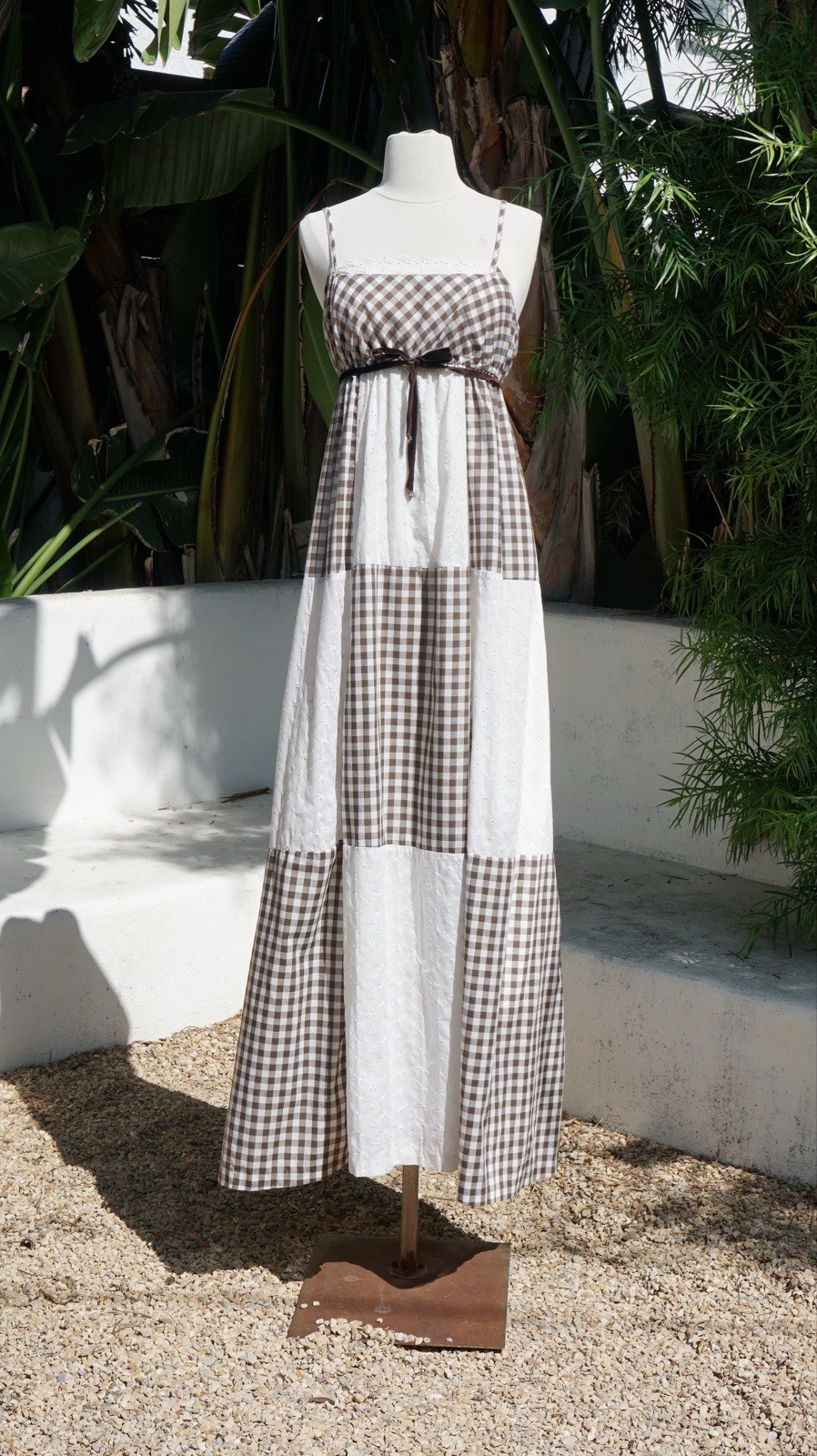 vintage 1970s boho Gingham dress Cottage Core Cotton Maxi Dress S