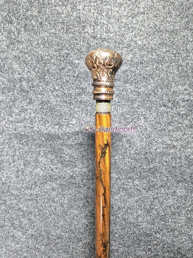 Victorian Walking Cane With Round Brass Copper Finish Handle Wooden Carved Stick
