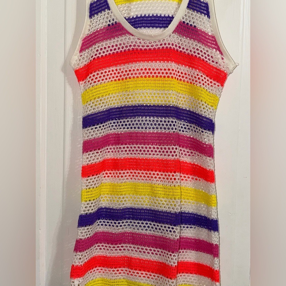 No Boundaries size medium 7-9 Neon Yellow and White Crochet Tank VTG cute summer