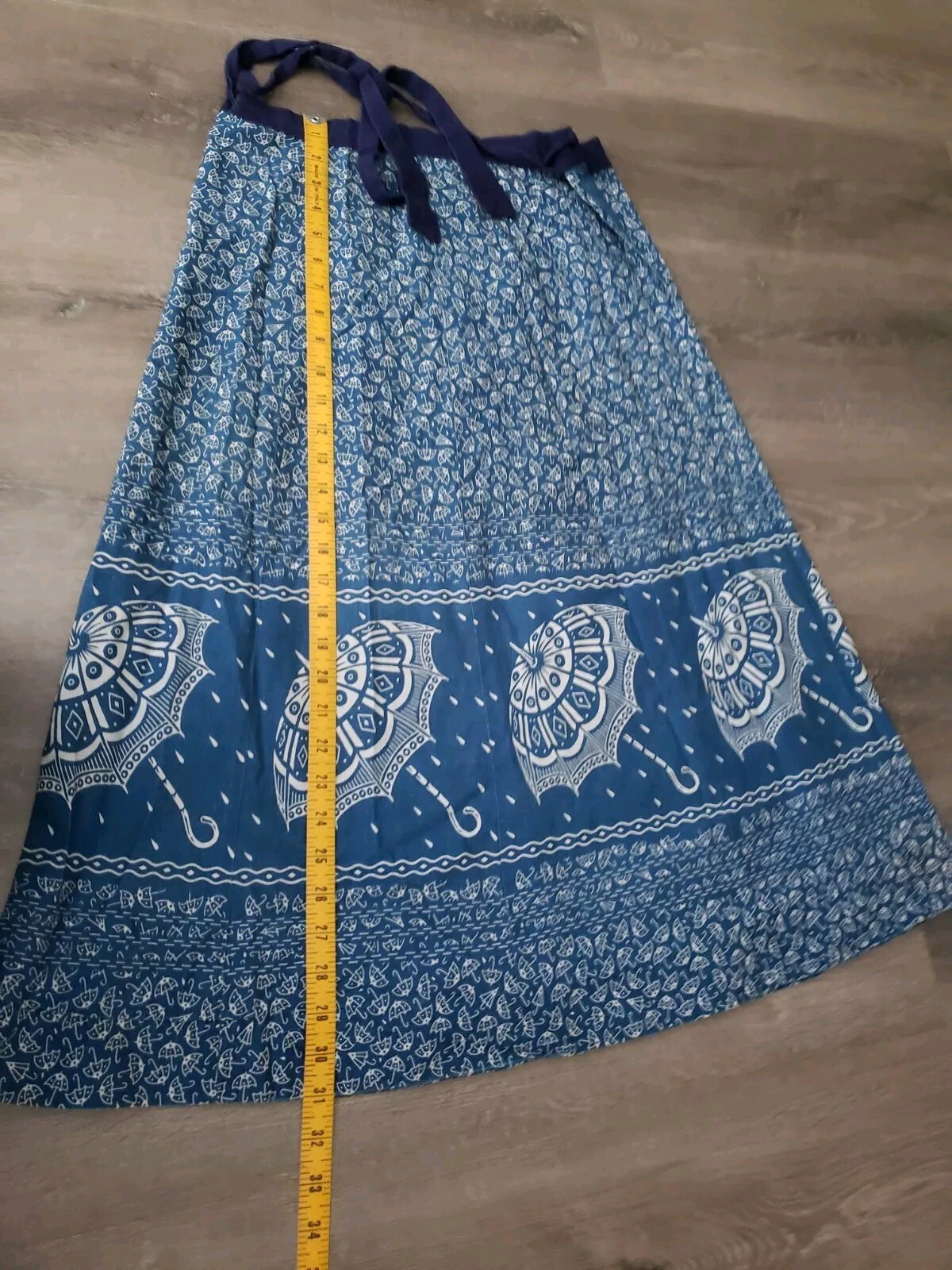 VTG 70s Blue Umbrella Print Wrap Skirt Sz S/M? 27.5″W Hippie Boho Festival READ