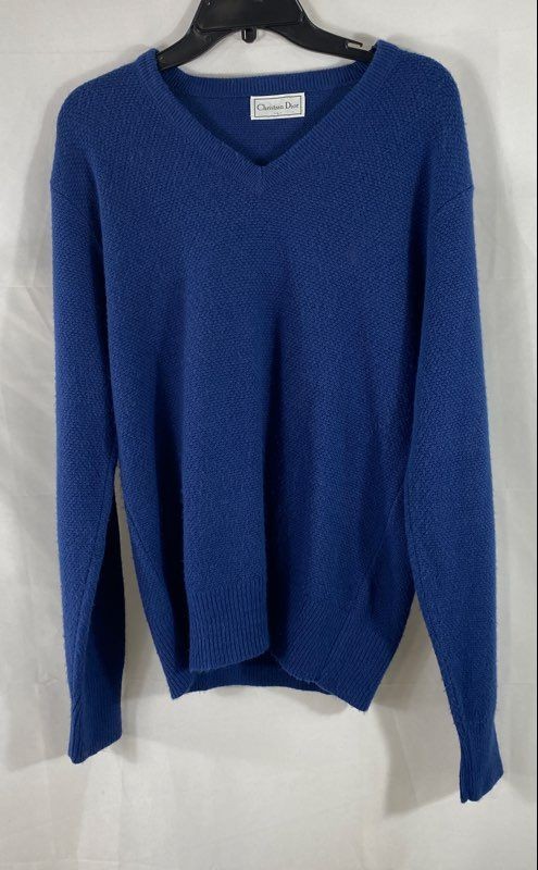 Vintage 80s Christian Dior Men’s Blue V-Neck Orlon Acrylic Sweater Sz L
