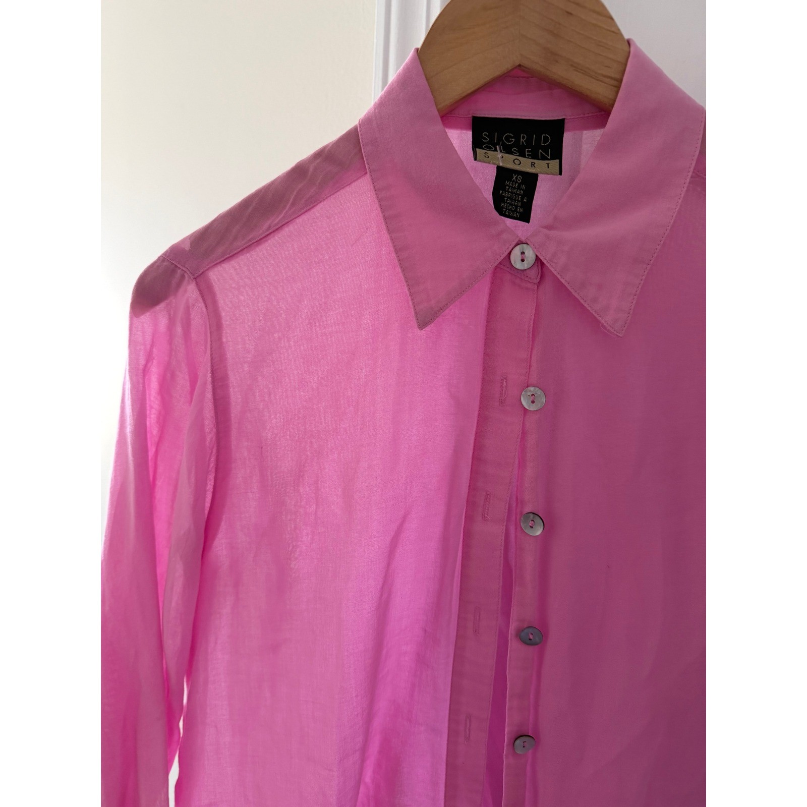 Vintage Womens Sheer Cotton Petal Pink Button Down Shirt Cottage Preppy Light