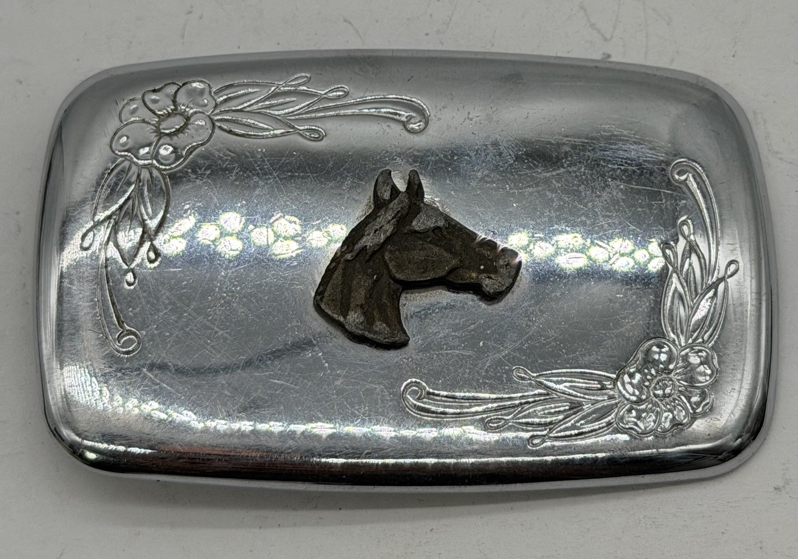 VTG Silver Tone Horse Head Metal Belt Buckle 3D Rectangle Chrome Silver