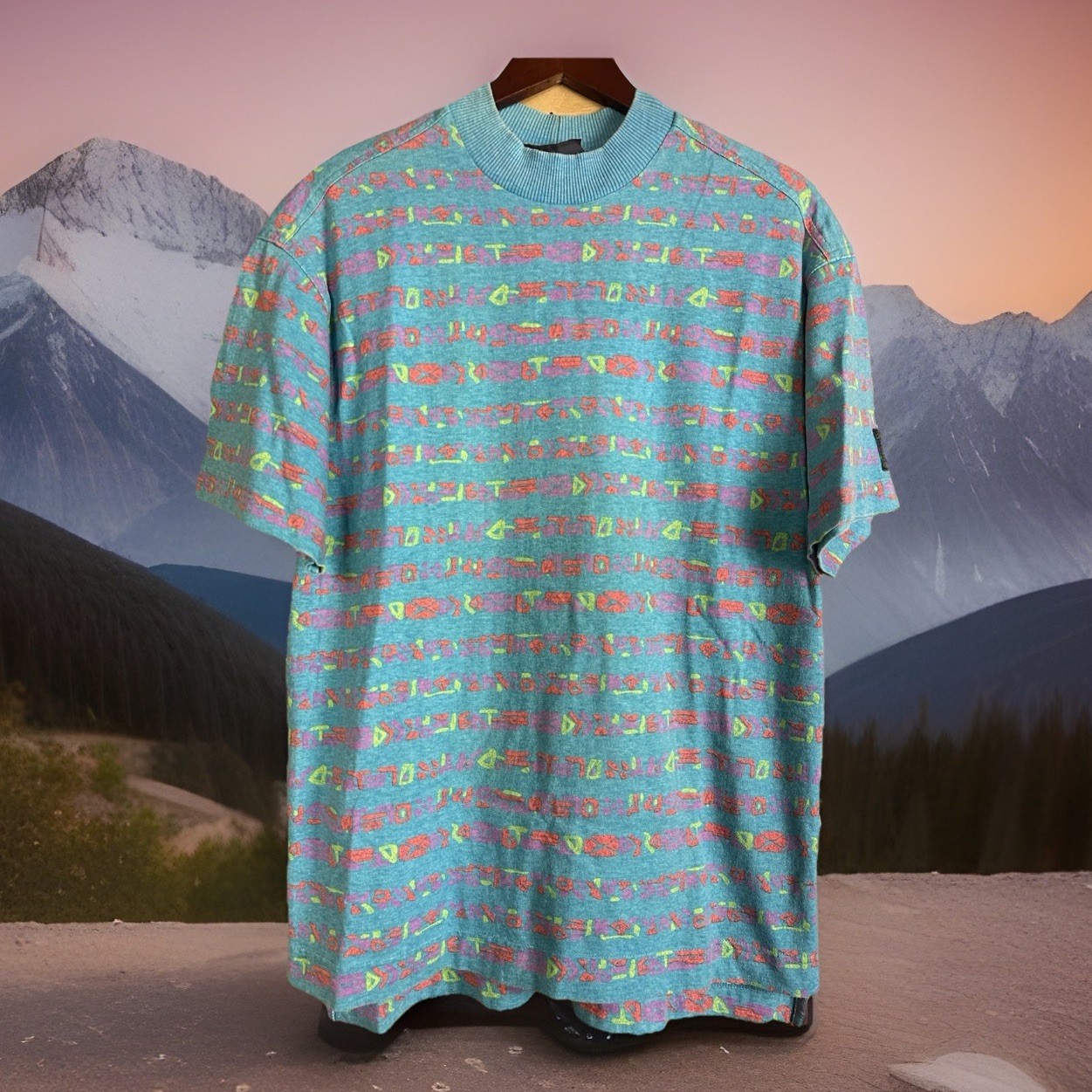 Vtg 80s 90s O’Neill Alien Typing All Over Print Neon Surf T-shirt
