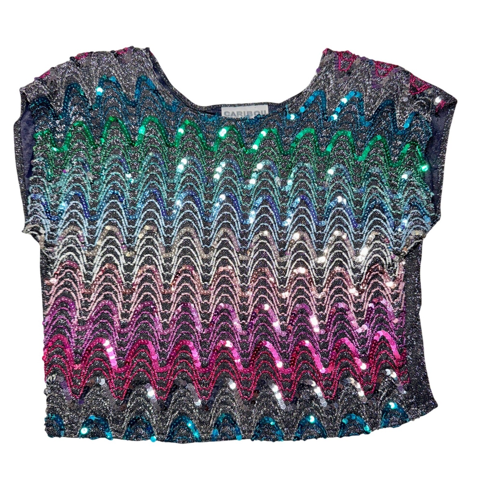 Vintage Caribou Sequin Metallic Top Shoulder Pads Rainbow Disco Glam Large