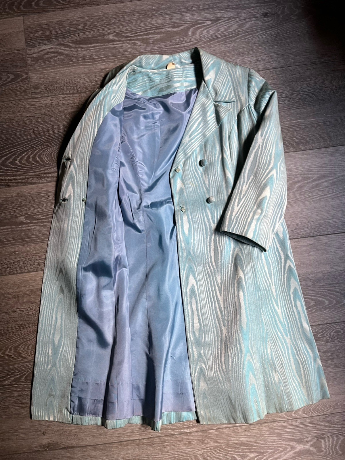 Vintage 1950s Blue 3/4 Sleeve Jacket Moire Fabric With Buttons