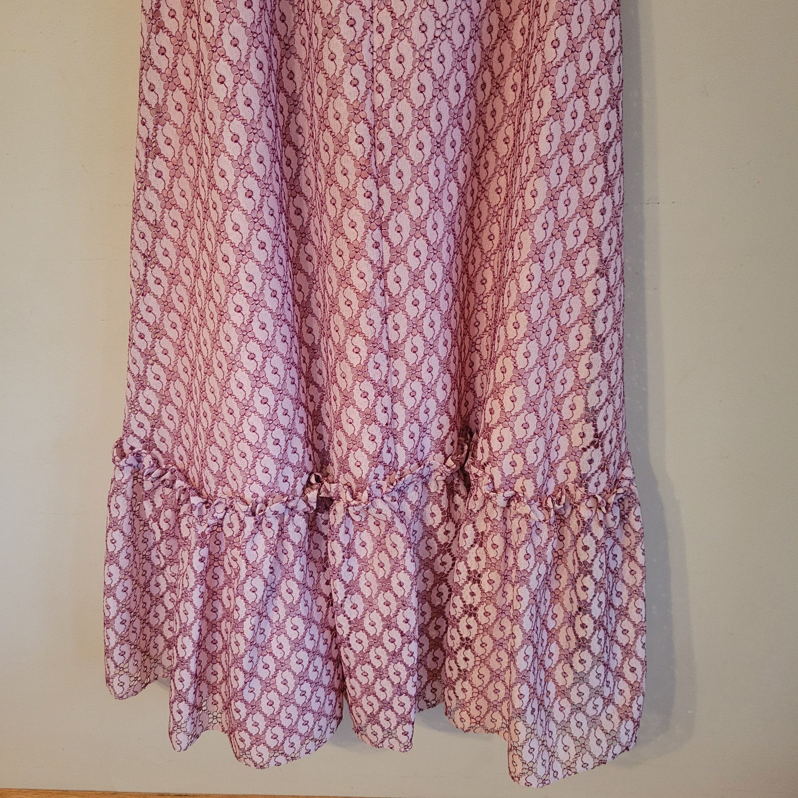Vtg ILGWU Cottage Core Dress Pink Lace Maxi Ruffle/Layered Cap Sleeve Juniors 11