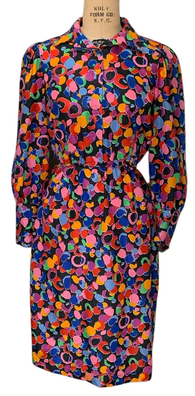 BRELI ORIGINALS 80s Vintage Woman’s LS Colorful Print Dress – Sz S – USA