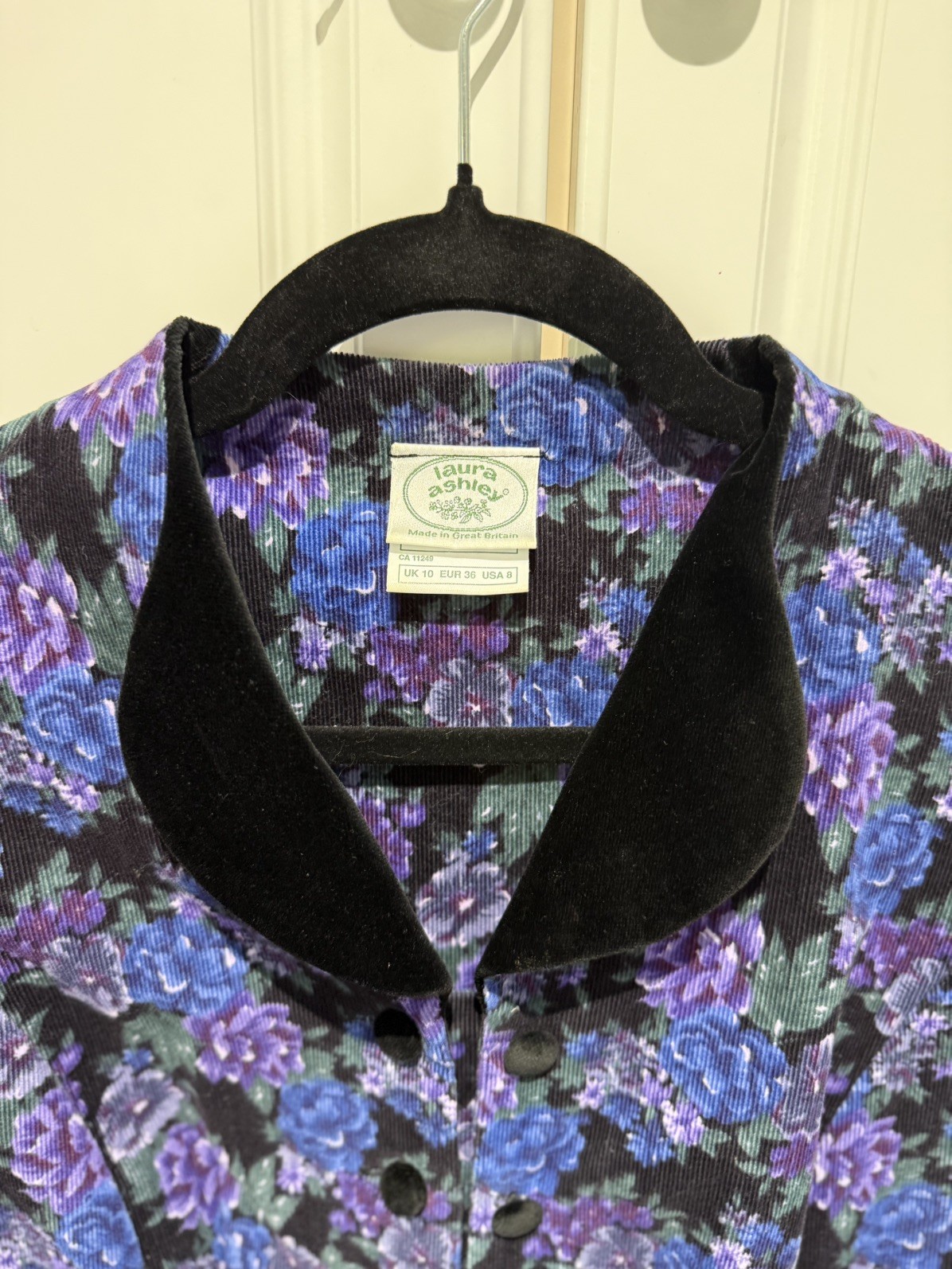 Vintage 1980s Laura Ashley Floral Corduroy Dress | Velvet Collar | Made in GB