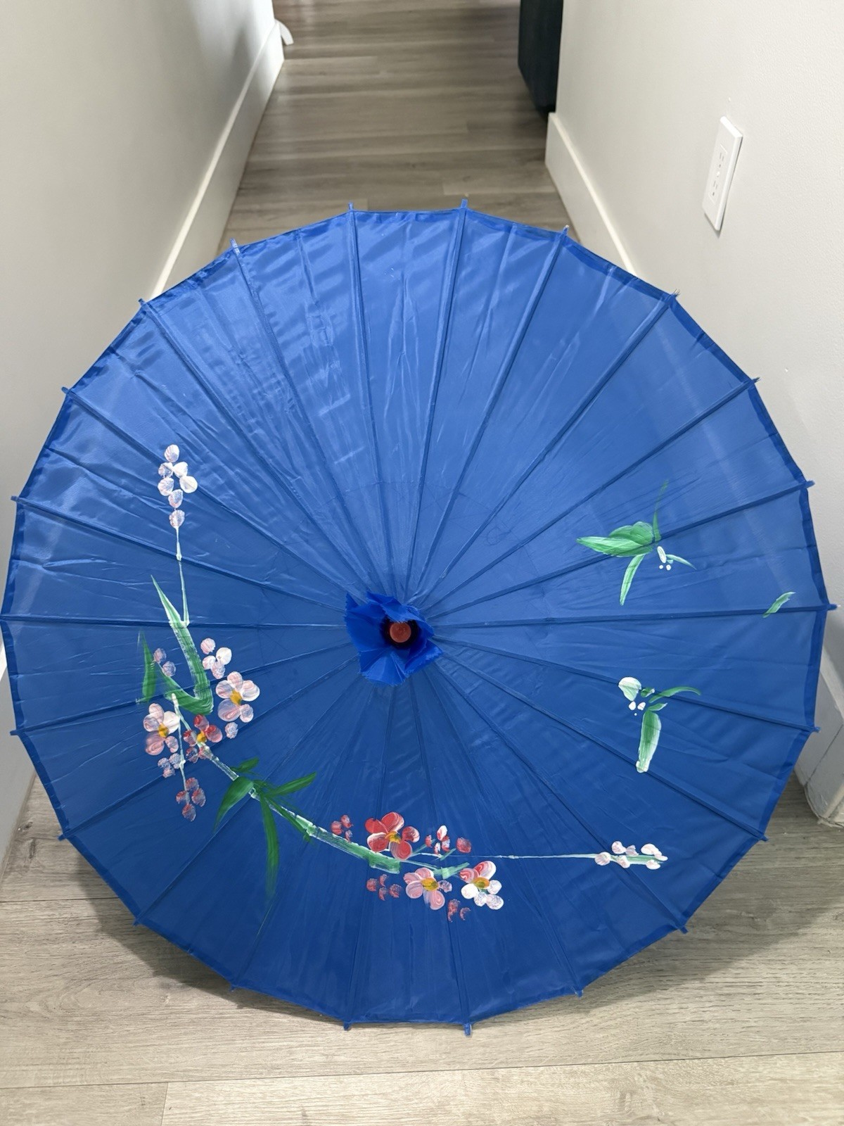 Japanese Hand Painted Fabric Umbrella/Parasol, Bamboo Handle, 22″ Long, 33″ Wide