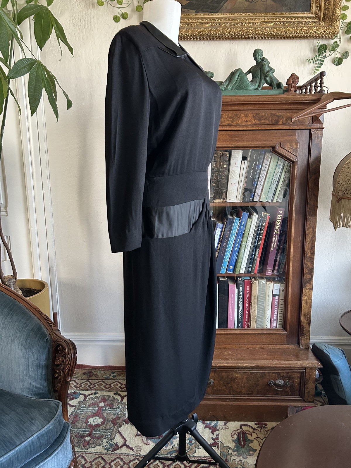 Vintage 1940s Black Satin & Rayon Cocktail Dress w/ Statment Collar Asymmetric M