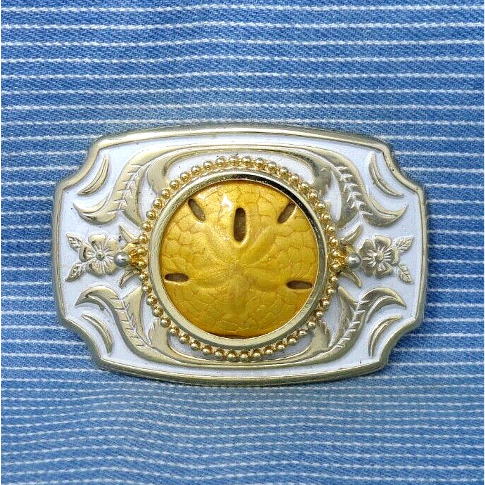 Western Sand Dollar Belt Buckle Floral Scroll Coastal Cowgirl Vtg 80s USA.TYC610