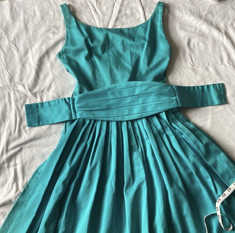 Vintage 1950’s Teena Paige Fit and Flare Dress Teal Pleated Blue Swing Midi Mini