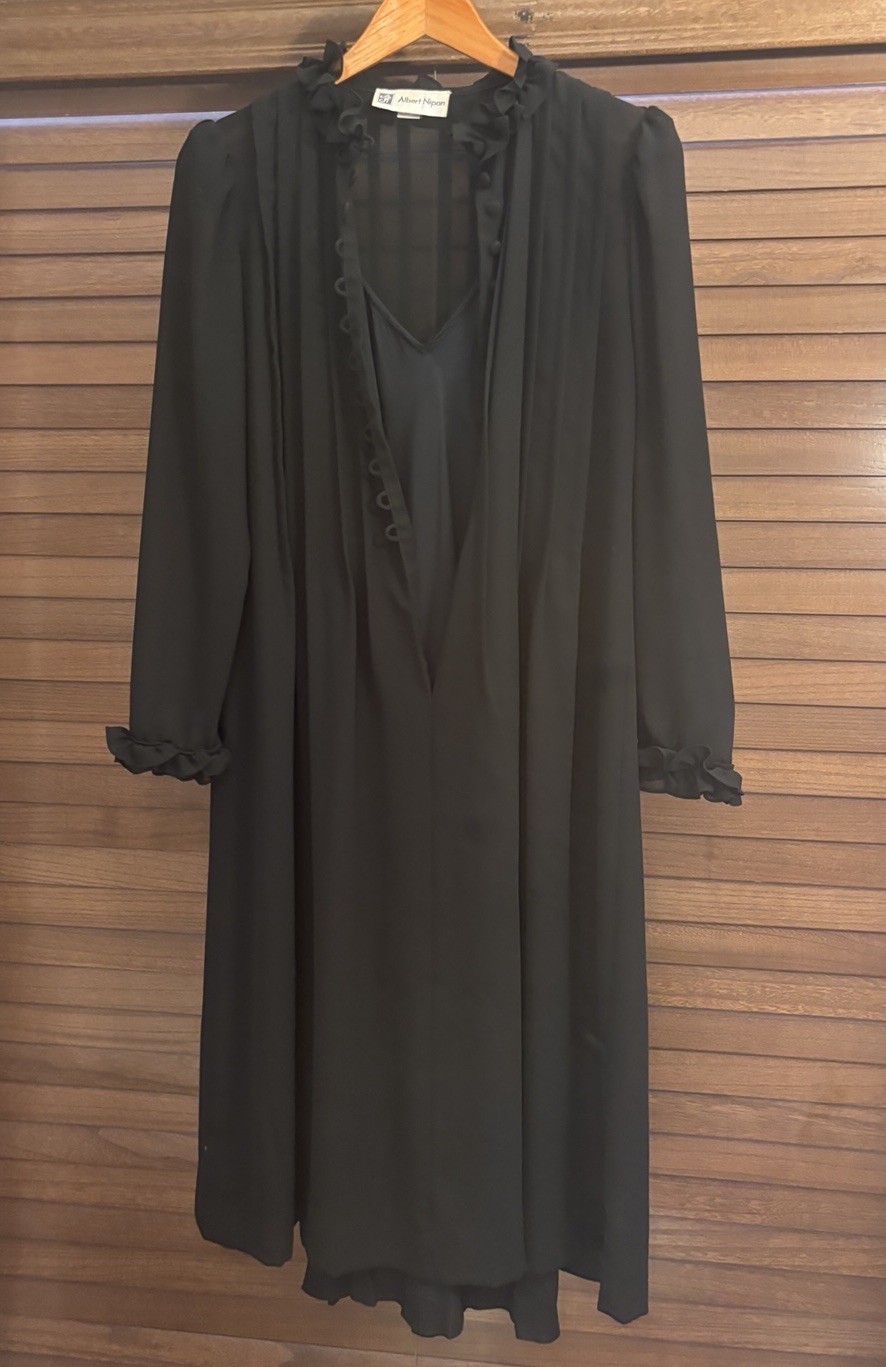 Albert Nipon Vintage 1980s Black Ruffled Pleated Silk Dress ILGWU Made in USA
