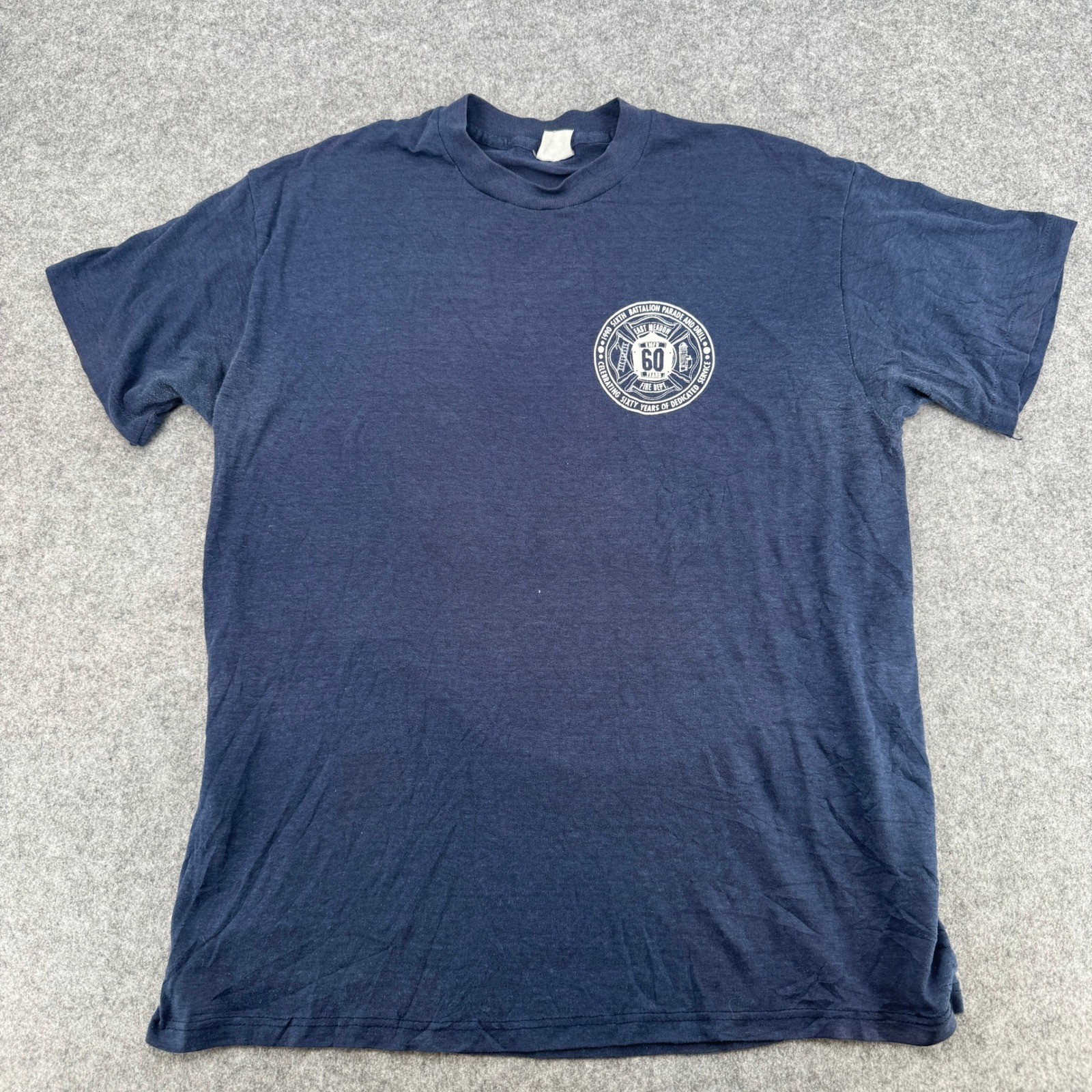 Vintage 1990 East Meadow Fire Dept 60 Years T-Shirt Navy Single Stitch Mens M