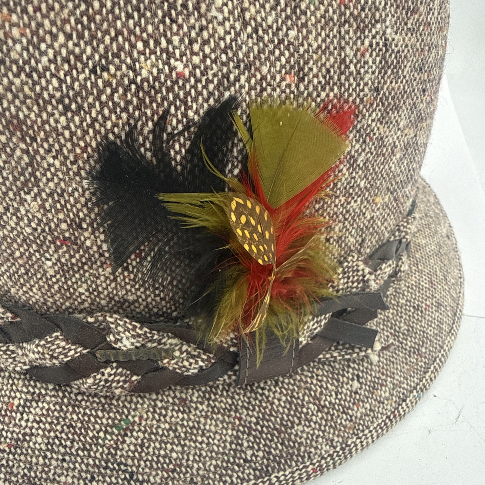 Stetson Fedora Hat Tweed Feather Braided Detail 6 7/8 Size