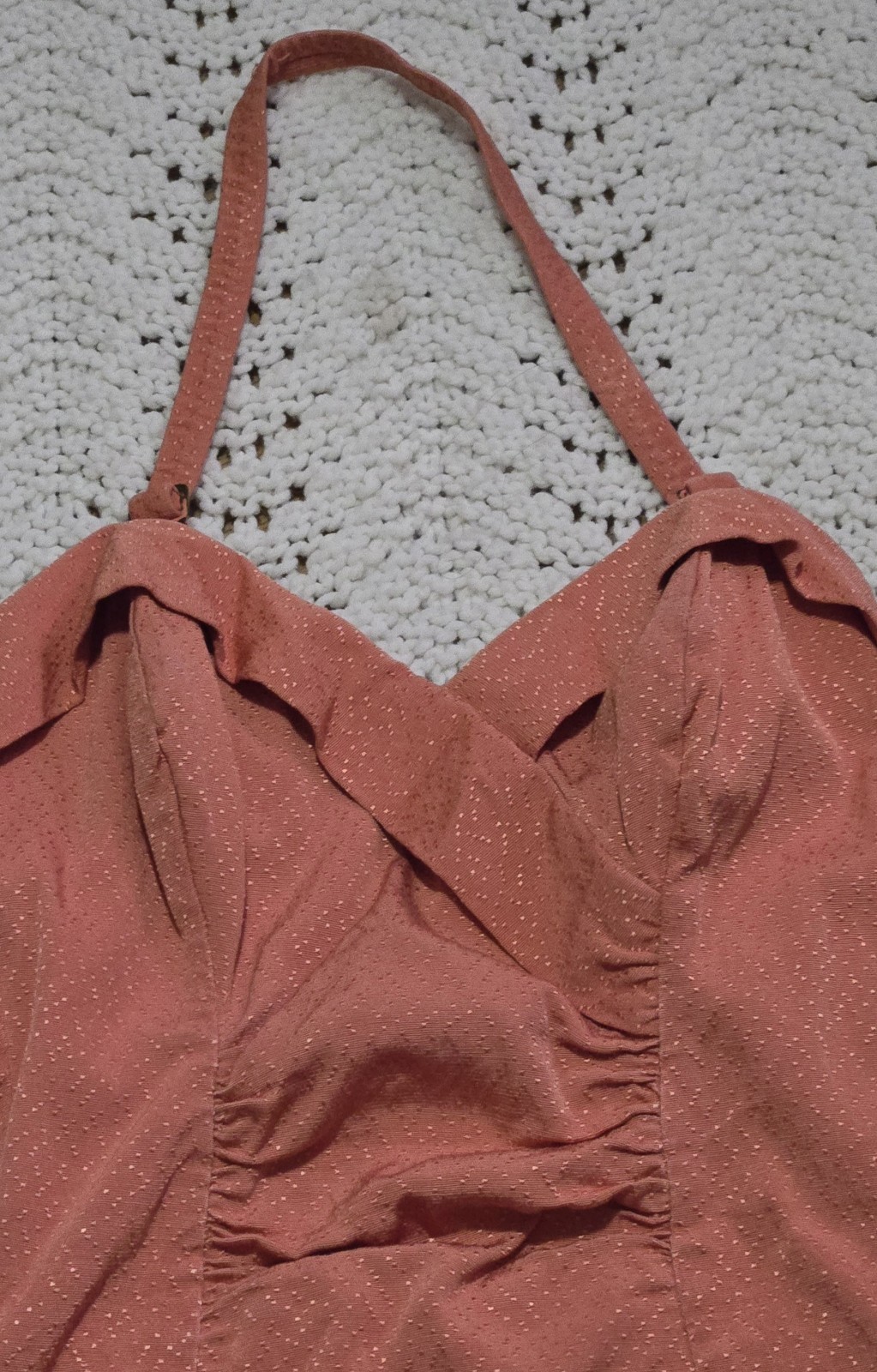 Vintage 1950s JANTZEN VAMP Women Pin Up Swim Suit Ruched Boning Sz 12 Coral Dots
