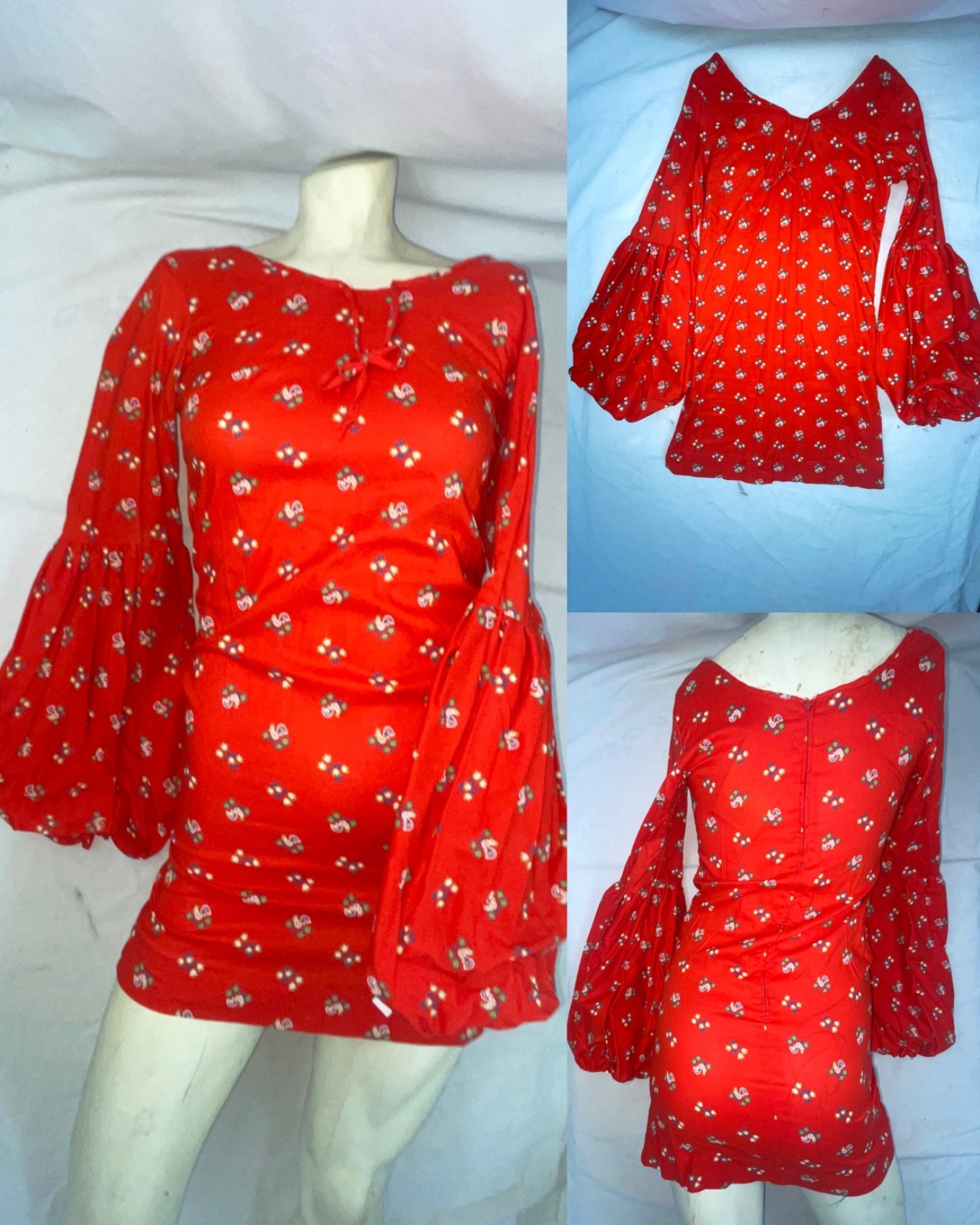 VTG 60s 70s WOMENS S NEW RED BELLE SLEEVE DISCO HIPPY ROOSTER CHICKEN MINI DRESS