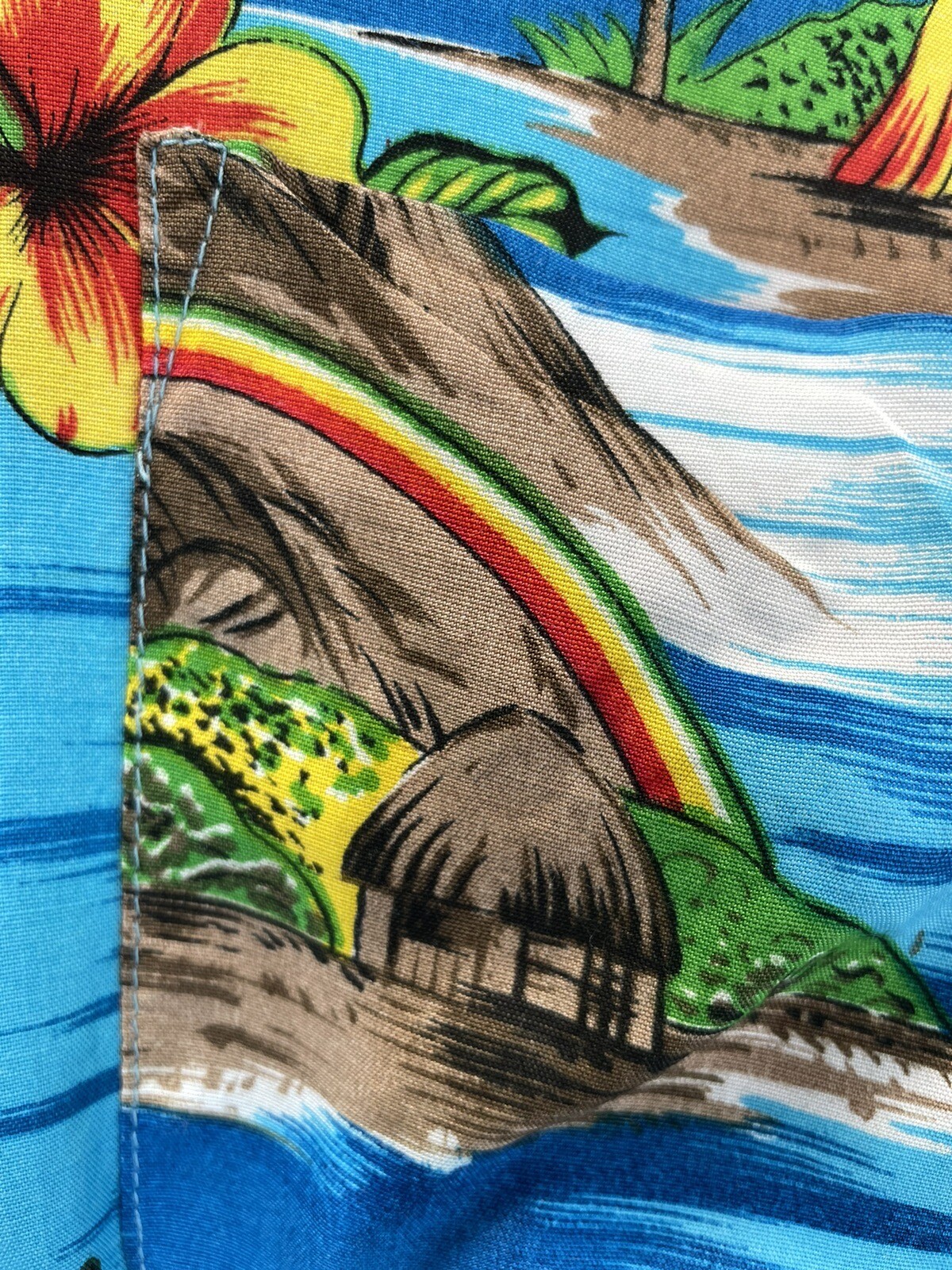 VTG 70s Hawaiian Holiday Hawaiian Shirt Rainbow Volcano RAYON KOREA SZ M (FLAW