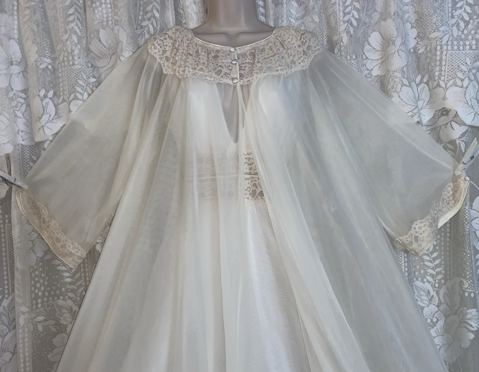 VTG M L INTIME Bridal Ivory Db Sheer Chiffon Peignoir Robe Nightgown Gown Set