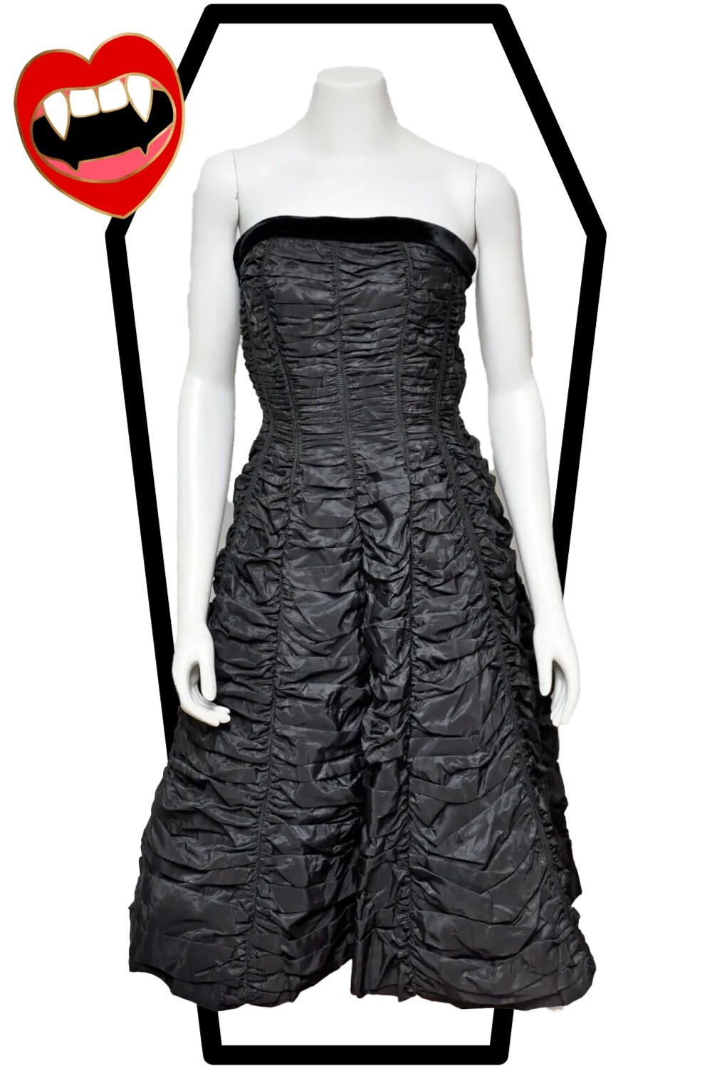 Vintage 1950s Black Taffeta Pleated Sleeveless Dress Velvet Vamp Goth XS/S