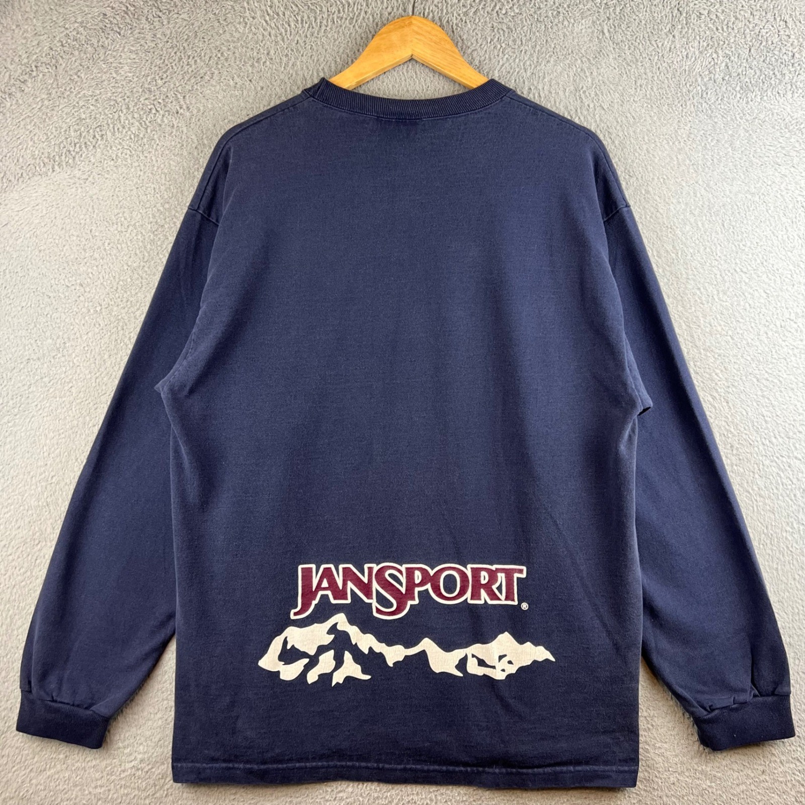 Vintage JanSport Long Sleeve T-Shirt Mens Large Navy Blue Mountain Graphic USA