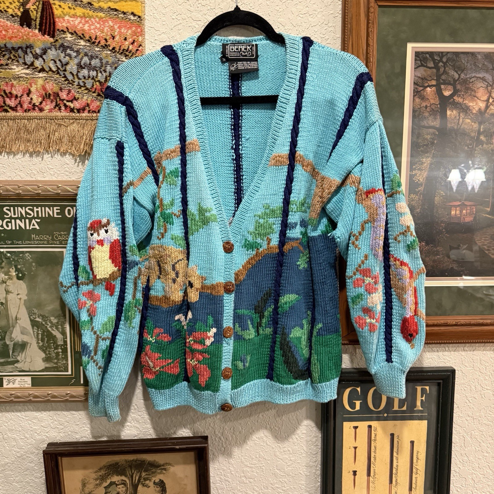 Vintage Berek 80s Hand Knit Cardigan Sweater Size M Snake Parrot Rhino Sz Medium