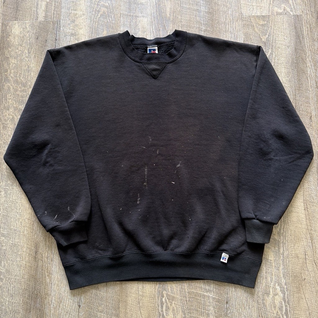 Vintage 1990s Russell Athletic Distressed Black Paint Splatter Crewneck XL
