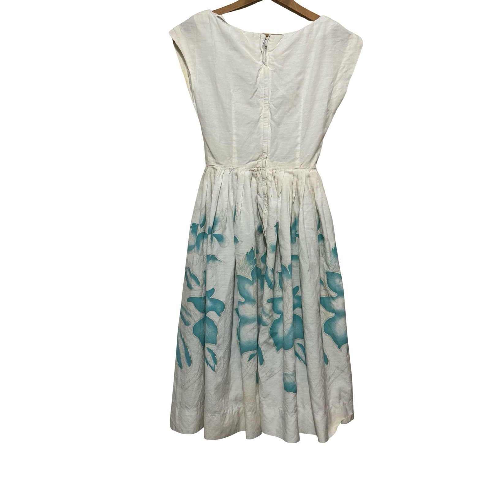 Vintage 50s Handmade fit and flare dress white floral size XS tea rockabilly