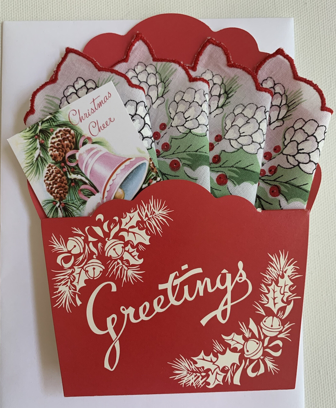 Lovely New LuRay Christmas Hankie Basket Card ~ Mailable Handkerchief Keepsake!